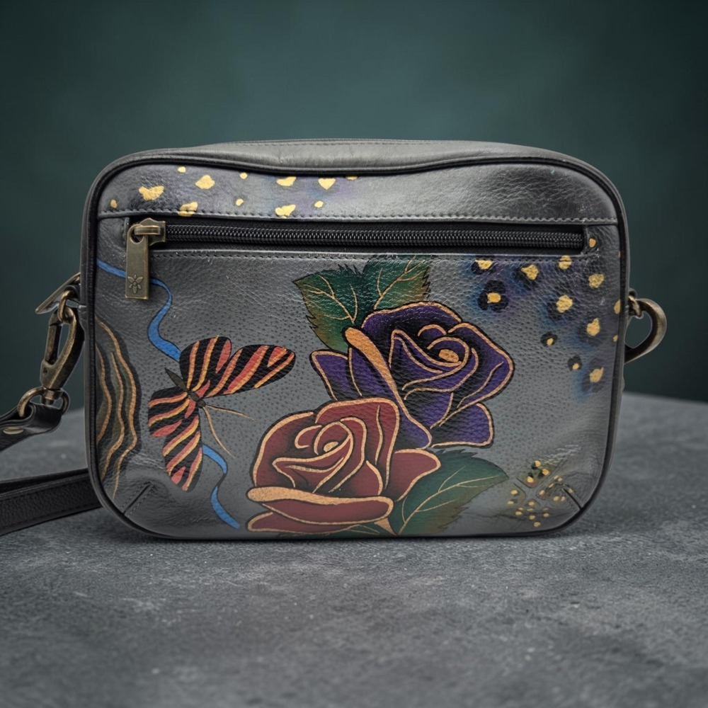 Anuschka Hand Painted Leather Grey Floral Crossbody Purse With Roses & Butterfly